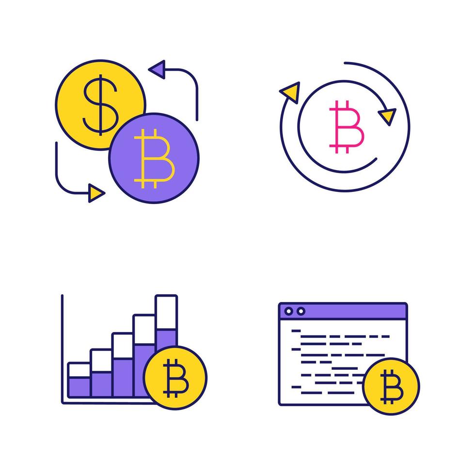 Conjunto de iconos de color de criptomoneda bitcoin. cambio de moneda, reembolso de bitcoins, tabla de crecimiento del mercado, software de minería. ilustraciones vectoriales aisladas vector