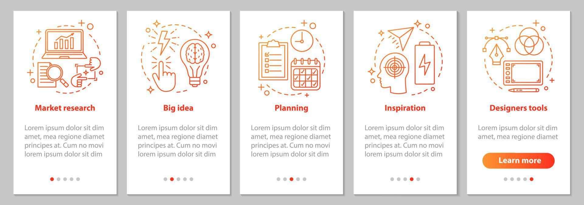 Graphic design development onboarding mobile app page screen with linear concepts. Planning, inspiration, market research, big idea, tools steps instructions. UX, UI, GUI vector illustrations