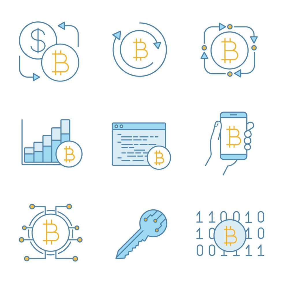 Bitcoin cryptocurrency color icons set. Bitcoin exchange, fintech, market growth chart, mining software, digital wallet, key, binary code. Isolated vector illustrations