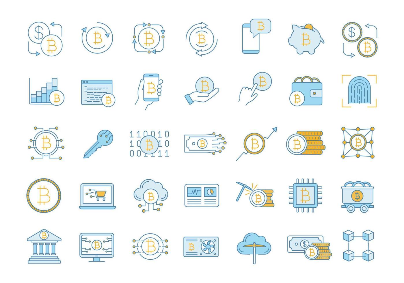 Bitcoin cryptocurrency color icons set. Digital money. Crypto currency. Mining business. Bitcoin trading. Isolated vector illustrations