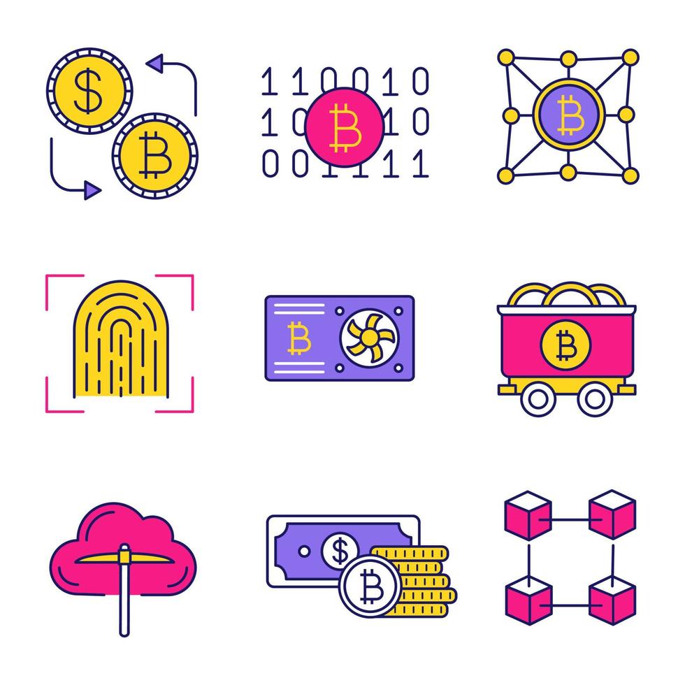 Bitcoin cryptocurrency color icons set. Graphic card, bitcoin exchange, binary code, fingerprint scan, mine cart, cloud mining, money, blockchain, fintech. Isolated vector illustrations