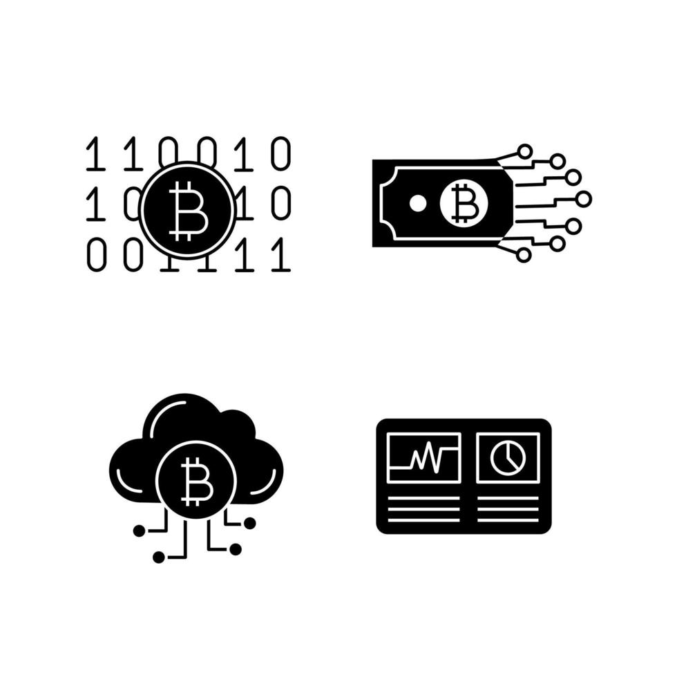 Bitcoin cryptocurrency glyph icons set. Binary code, digital money, cloud mining, hashrate. Silhouette symbols. Vector isolated illustration