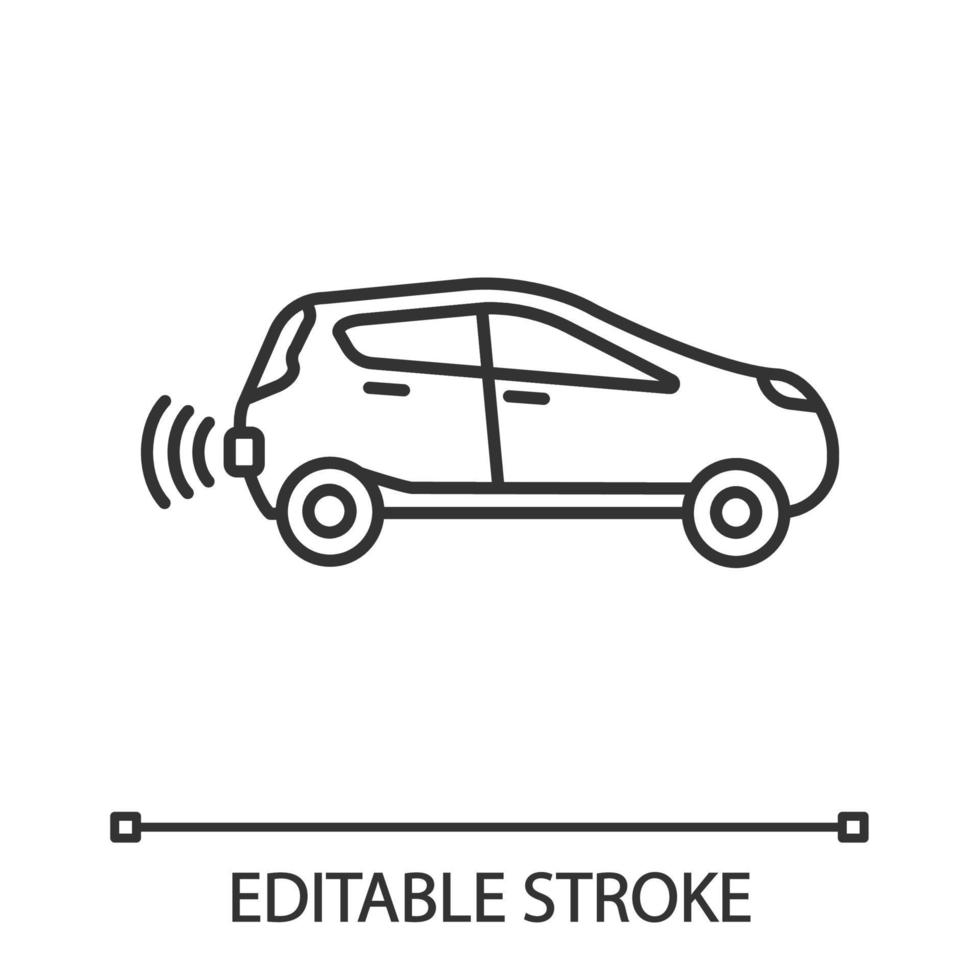 coche inteligente en el icono lineal de vista lateral. nfc auto. vehículo inteligente. Ilustración de línea fina. automóvil autónomo. coche autónomo. vehículo sin conductor. dibujo de contorno aislado vectorial. trazo editable vector