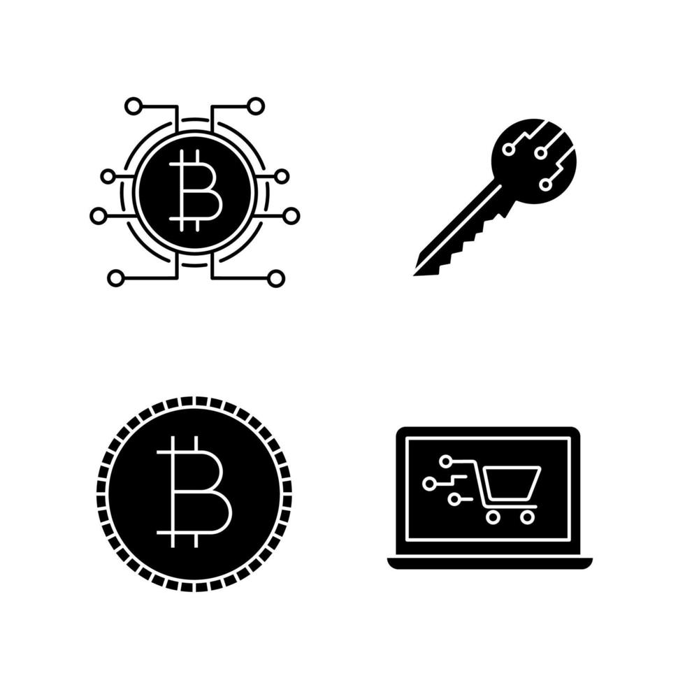 Bitcoin cryptocurrency glyph icons set. Digital key, bitcoin with microchip pathway, coin, online shopping. Silhouette symbols. Vector isolated illustration