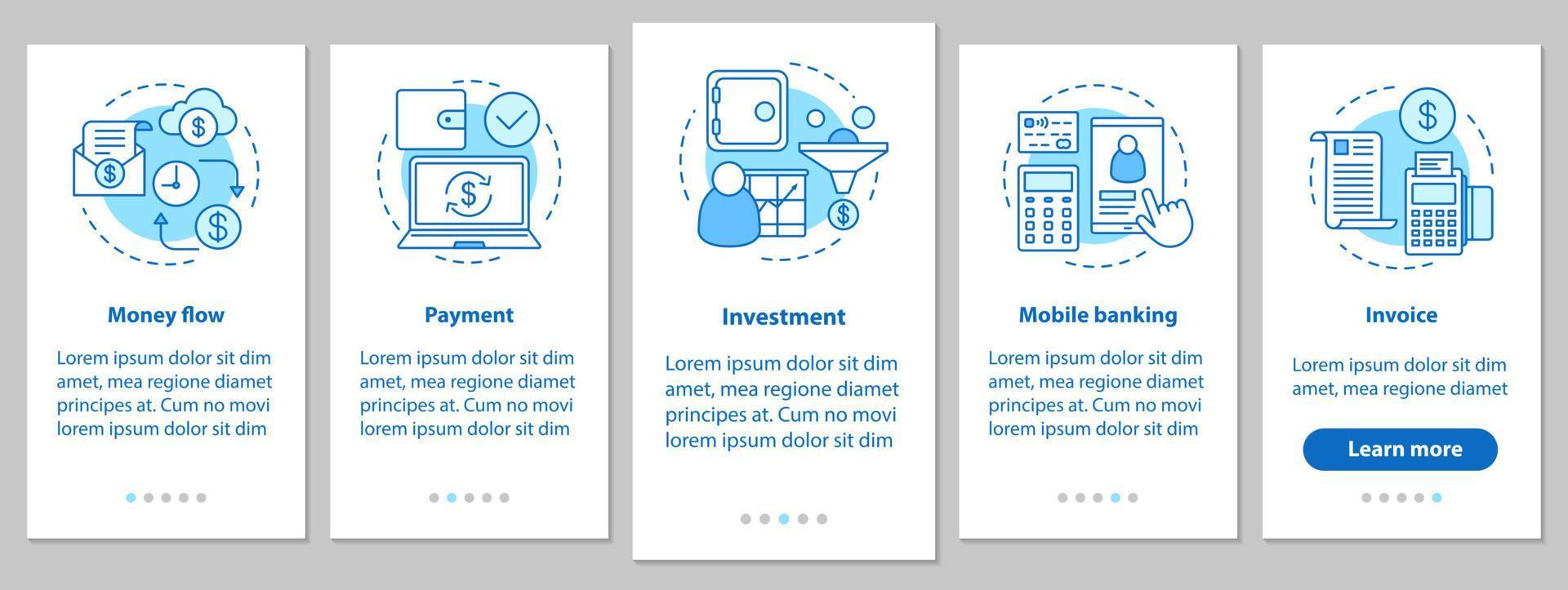 Banking onboarding mobile app page screen with linear concepts. Financial services. Money flow, payment, investment, mobile banking, invoice steps instructions. UX, UI, GUI vector illustrations