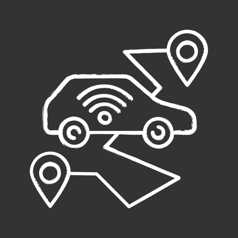 Self driving car chalk icon. Smart navigation. Setting pickup and drop off locations. Driverless auto route. Autonomous automobile. Isolated vector chalkboard illustration