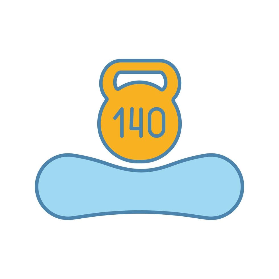 Maximum weight limit up to 140 kg color icon. Mattress weight recommendation per person of hundred and forty kilograms. Sleeper suitable mass. Mattress and kettlebell. Isolated vector illustration