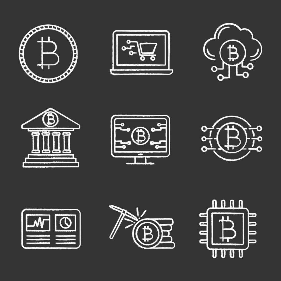 Conjunto de iconos de tiza de criptomoneda bitcoin. moneda, compras en línea, minería en la nube, banca, página web bitcoin, hashrate, minería de cpu, criptomoneda. ilustraciones de pizarra vector aislado