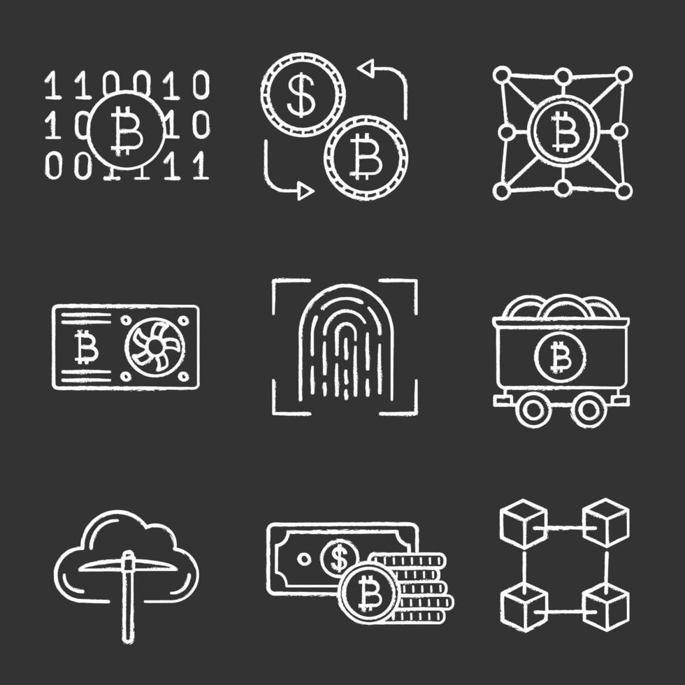 Conjunto de iconos de tiza de criptomoneda bitcoin. tarjeta gráfica, intercambio de bitcoins, código binario, escaneo de huellas dactilares, carrito de mina, minería en la nube, dinero, blockchain, fintech. ilustraciones de pizarra vector aislado