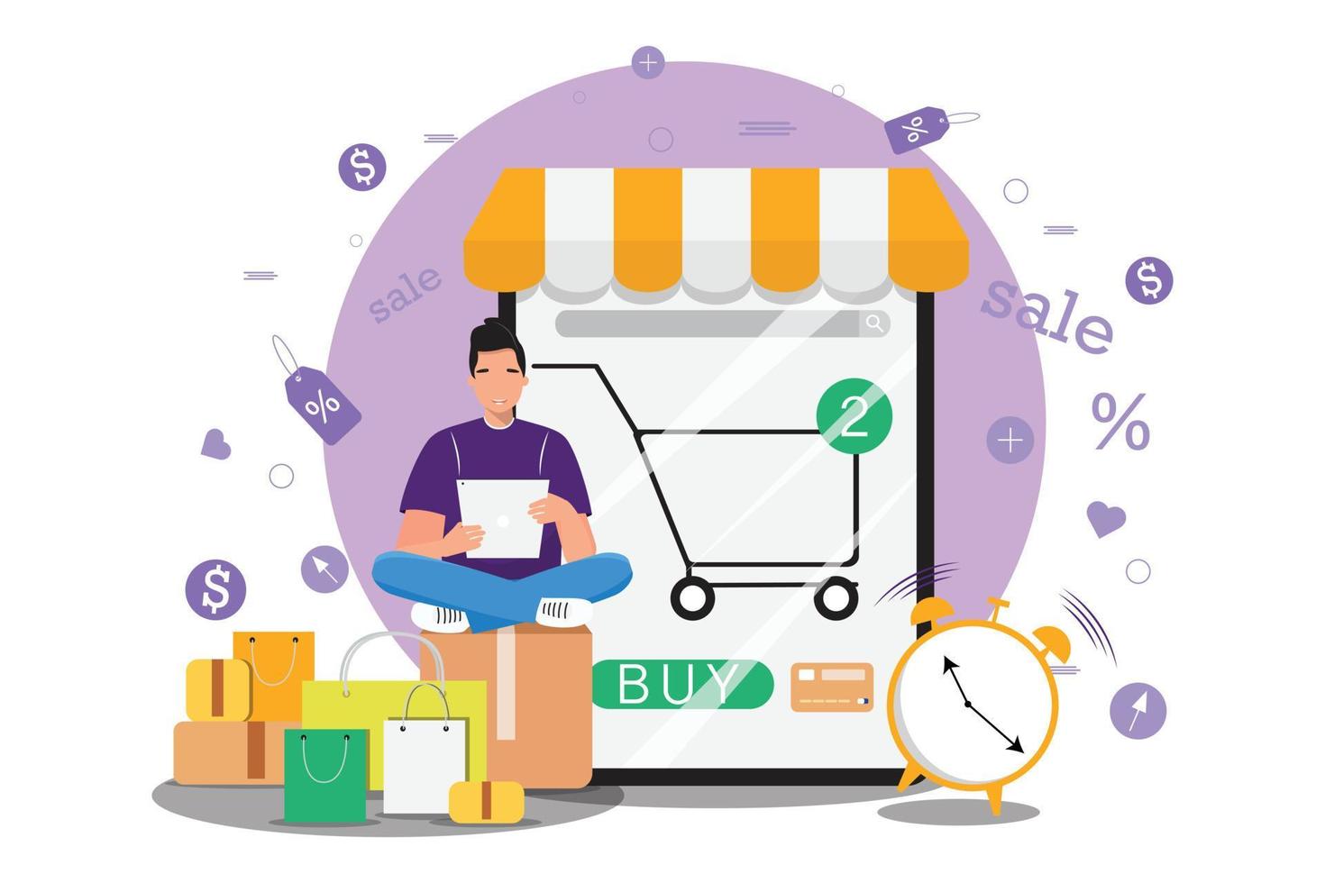Happy man shopping online from the tablet and paying with a credit card. Shopping with big discounts. Bargain hunter. vector