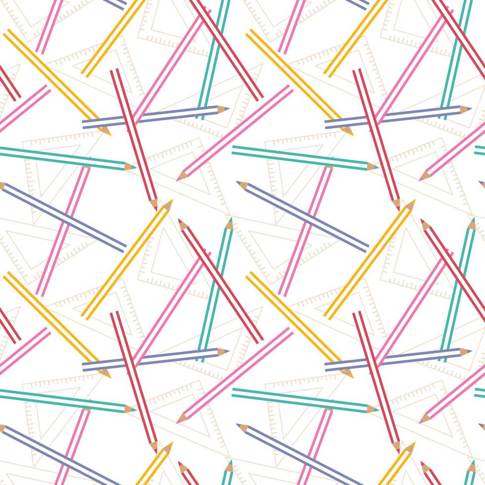 School pattern with pencils and rulers on white background. Colourful pencils for school on white background. For paper, textile, wrapping paper, packaging. Vector pattern.