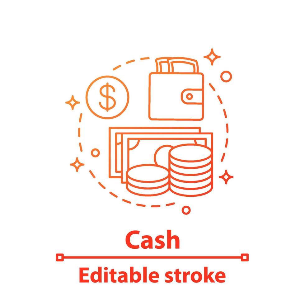 Cash concept icon. Money. Savings idea thin line illustration. Banknotes, coins and wallet. Vector isolated outline drawing. Editable stroke