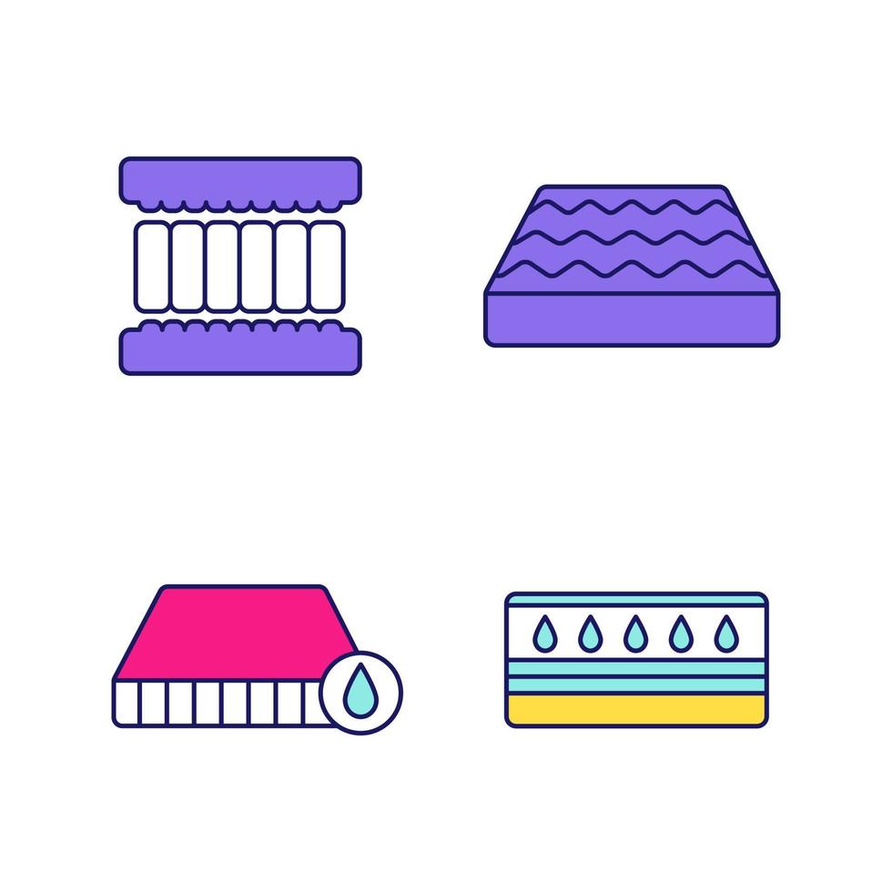 Conjunto de iconos de colores de colchón ortopédico. Impermeable, colchón de agua, relleno de espuma viscoelástica. ilustraciones vectoriales aisladas vector