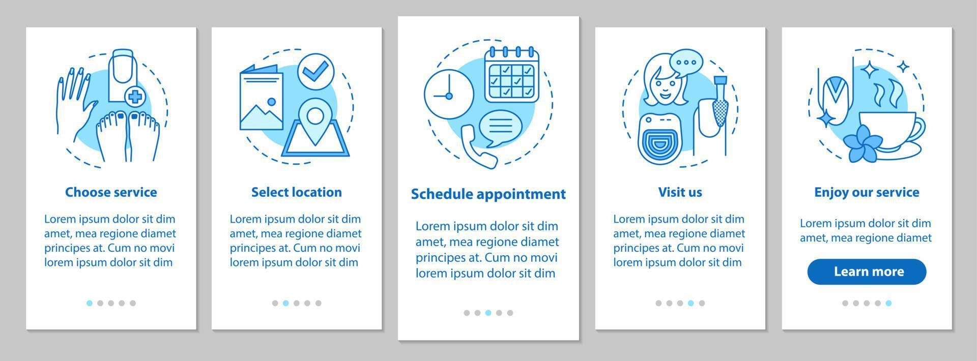 pantalla de la página de la aplicación móvil de incorporación de salón de uñas con conceptos lineales. cita de manicurista. servicio de manicura pasos instrucciones gráficas. ux, ui, plantilla de vector de interfaz gráfica de usuario con ilustraciones