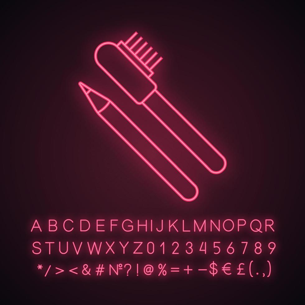 Eyebrow pencils with brush neon light icon. Makeup pencil. Brows makeup and shaping. Glowing sign with alphabet, numbers and symbols. Vector isolated illustration