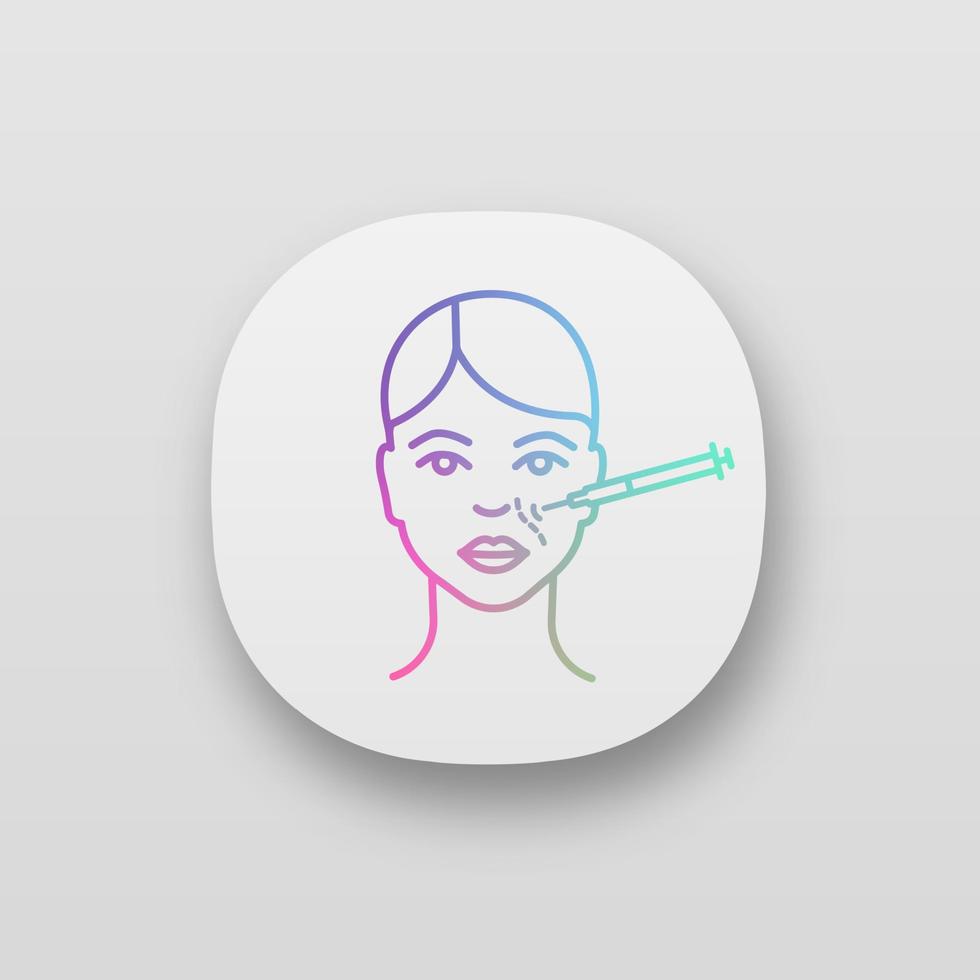 icono de la aplicación de inyección de neurotoxina en los pliegues nasolabiales. inyección antiarrugas. Sonrisa reductora de arrugas. procedimiento cosmético. rejuvenecimiento facial. interfaz de usuario ui ux. vector ilustración aislada