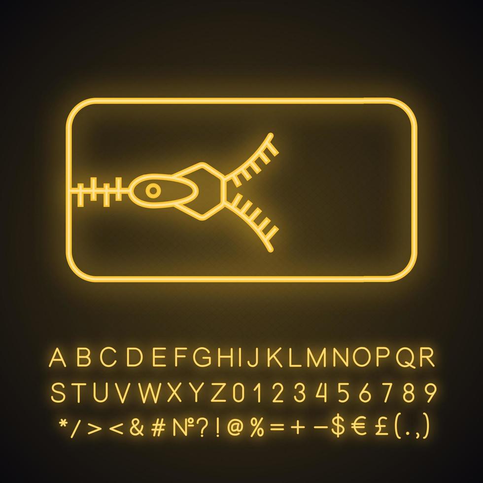 Zipper neon light icon. Glowing sign with alphabet, numbers and symbols. Removable mattress cover with zip-fastener. Slide fastener. Vector isolated illustration