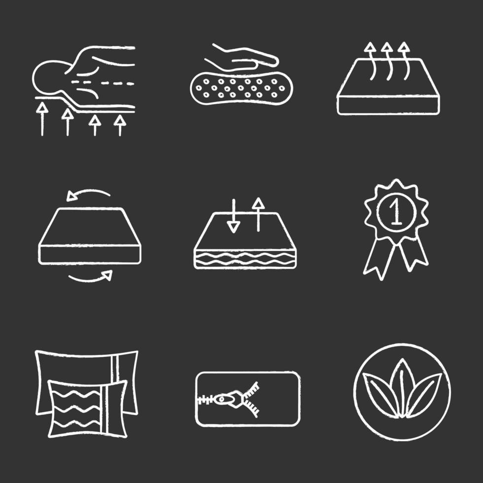 Mattress chalk icons set. Orthopedic, latex, breathable, dual season, ecological mattress with removable cover, pillows and award medal. Isolated vector chalkboard illustrations