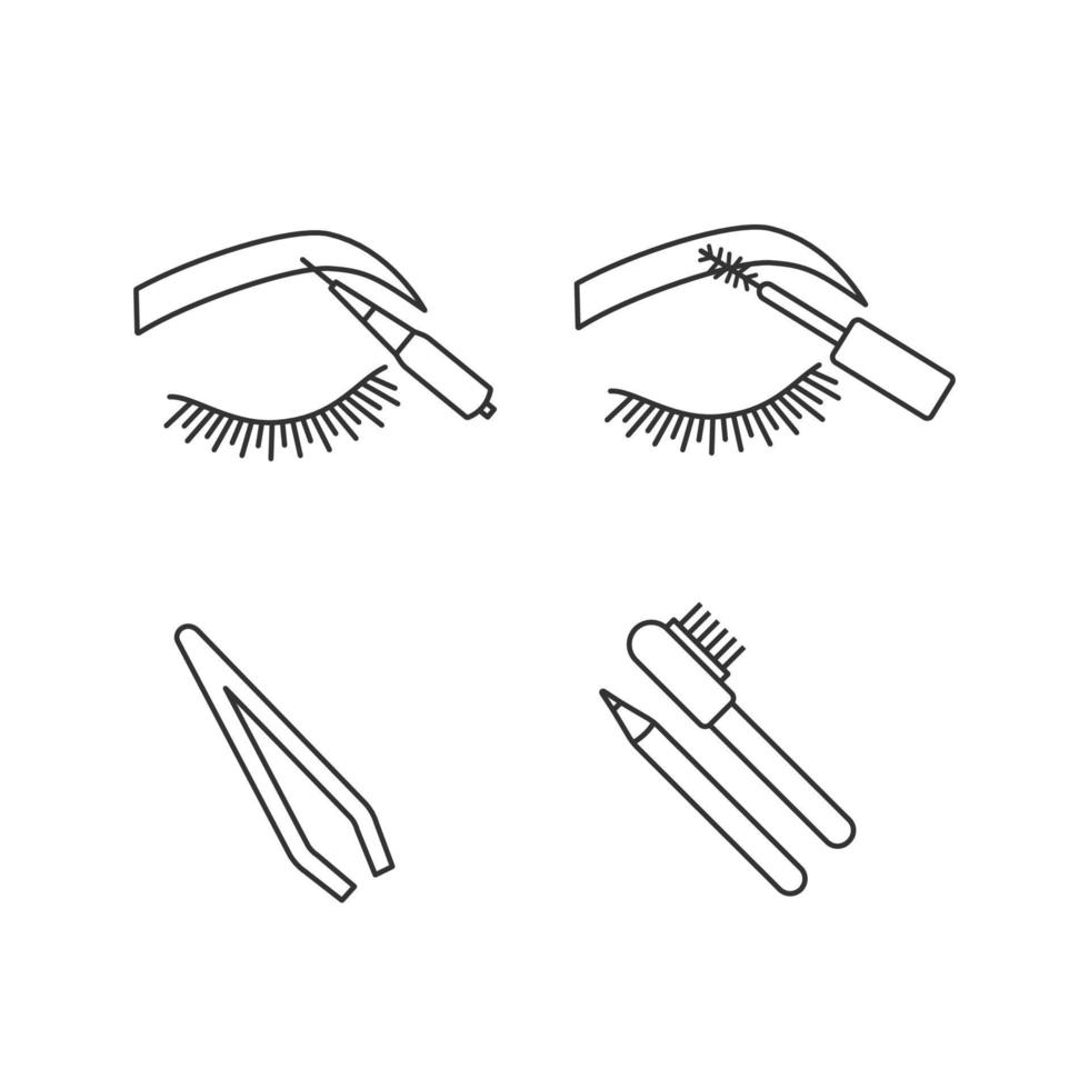 Eyebrows shaping linear icons set. Brows microblading, mascara, cosmetic tweezer, eyebrows contouring pencil and brush. Thin line contour symbols. Isolated vector outline illustration. Editable stroke