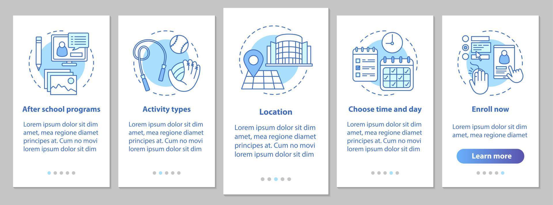 después de la educación escolar incorporando la pantalla de la página de la aplicación móvil con conceptos lineales. centro de aprendizaje después de la escuela. Instrucciones gráficas de pasos del programa después de clases. ux, plantilla de vector de interfaz de usuario con ilustraciones