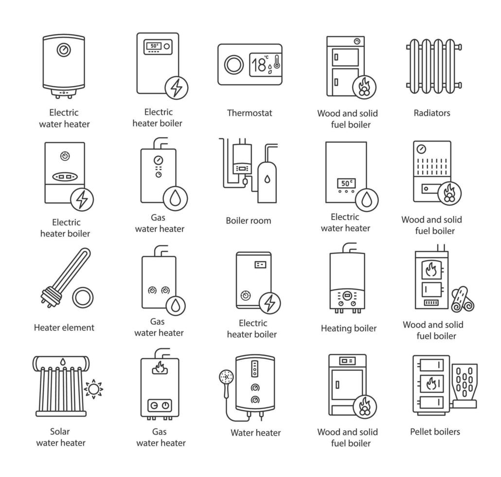 Heating linear icons set. Thin line contour symbols. Boilers, radiators, thermostat. Gas, electric, solid fuel, pellet, solar boilers. Isolated vector outline illustrations. Editable stroke