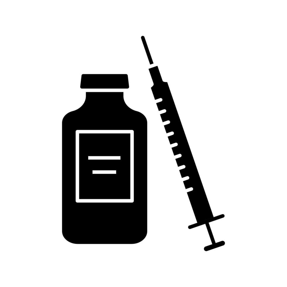 Medicine vial and syringe glyph icon. Neurotoxin injection. Medications. Silhouette symbol. Negative space. Vector isolated illustration