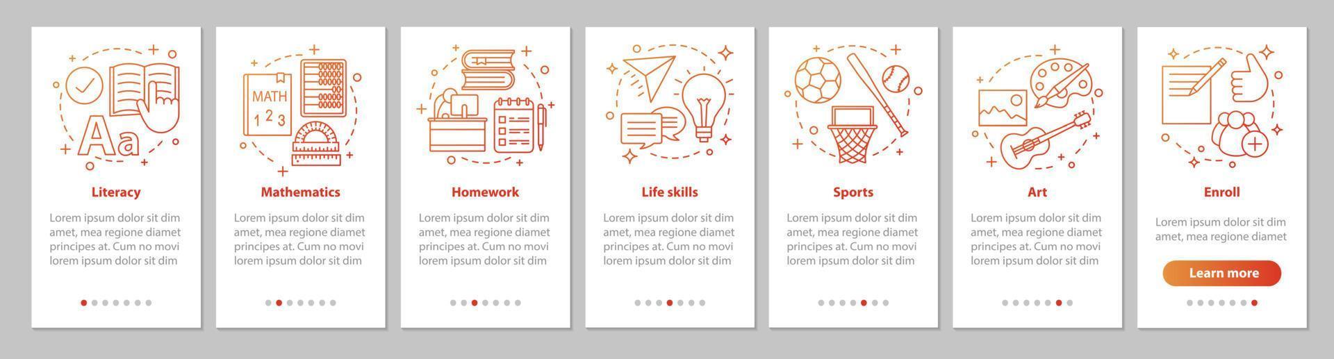 Programa después de la escuela que incorpora la pantalla de la página de la aplicación móvil con conceptos lineales. materias escolares pasos instrucciones gráficas. educación extraescolar. ux, ui, plantilla de vector de interfaz gráfica de usuario con ilustraciones