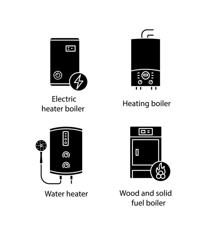 conjunto de iconos de glifo de calefacción. Caldera eléctrica, calentador de agua a gas y eléctrico sin tanque, caldera de combustible sólido. símbolos de silueta. vector ilustración aislada