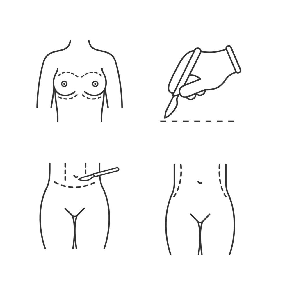 Plastic surgery linear icons set. Breast augmentation, surgical scalpel incision, tummy tuck plastic, waist correction. Thin line contour symbols. Isolated vector outline illustration. Editable stroke