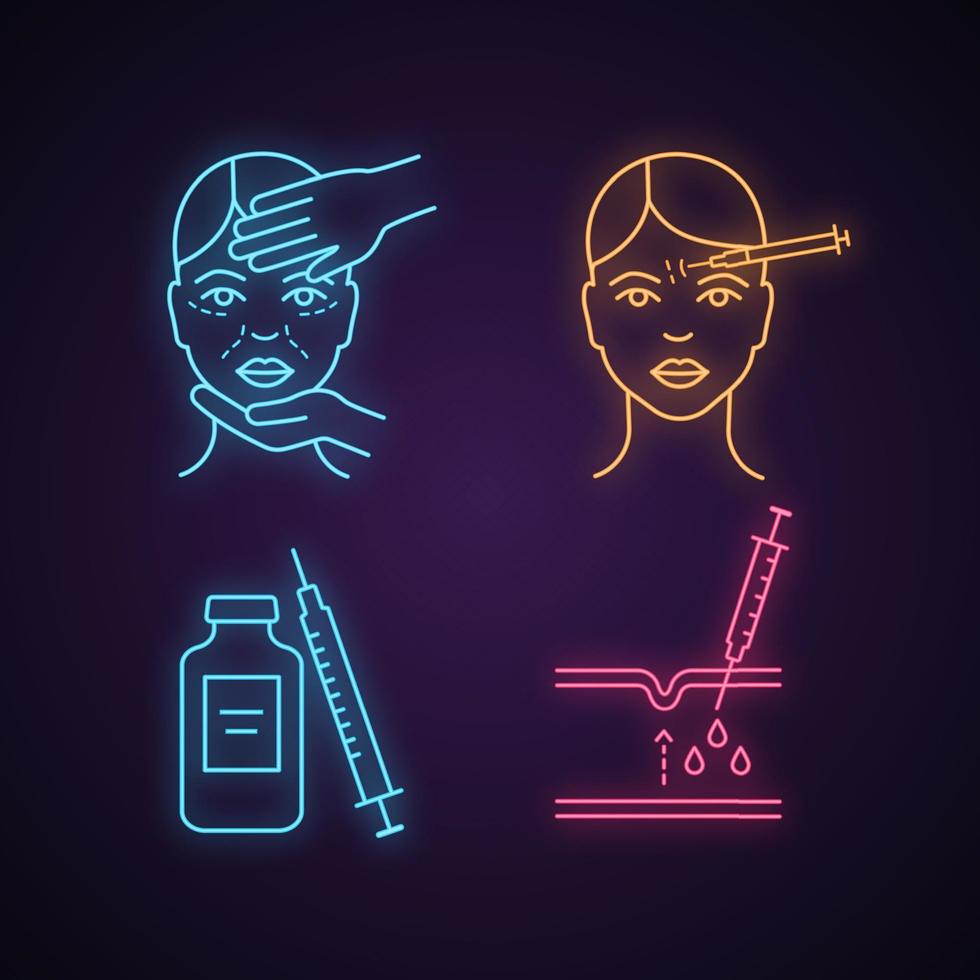 Neurotoxin injection neon light icon. Cosmetologist exam, syringe and vial, forehead subcutaneous injection. Glowing sign. Vector isolated illustration