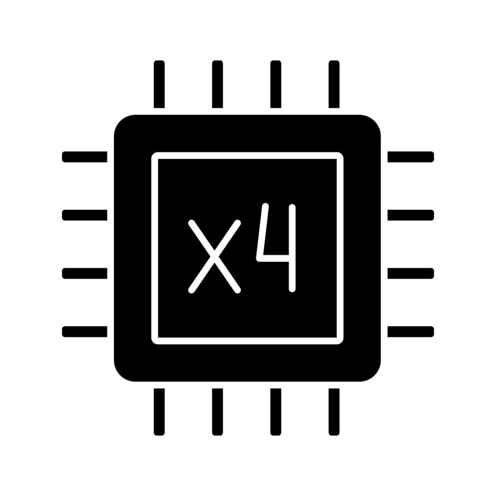 Quad core processor glyph icon. Four core microprocessor. Microchip, chipset. CPU. Central processing unit. Multi-core processor. Integrated circuit. Silhouette symbol. Vector isolated illustration