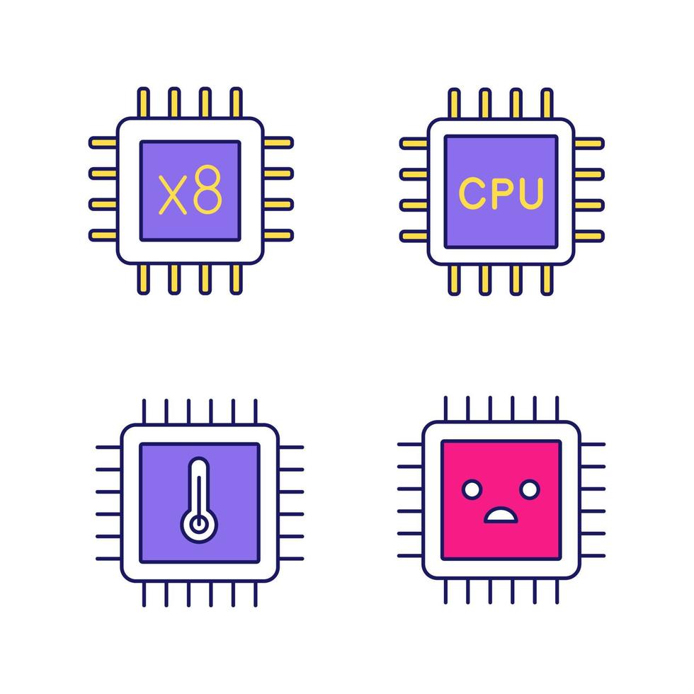 Processors color icon. Octa core, CPU processors, microprocessor temperature, sad chip. Isolated vector illustration