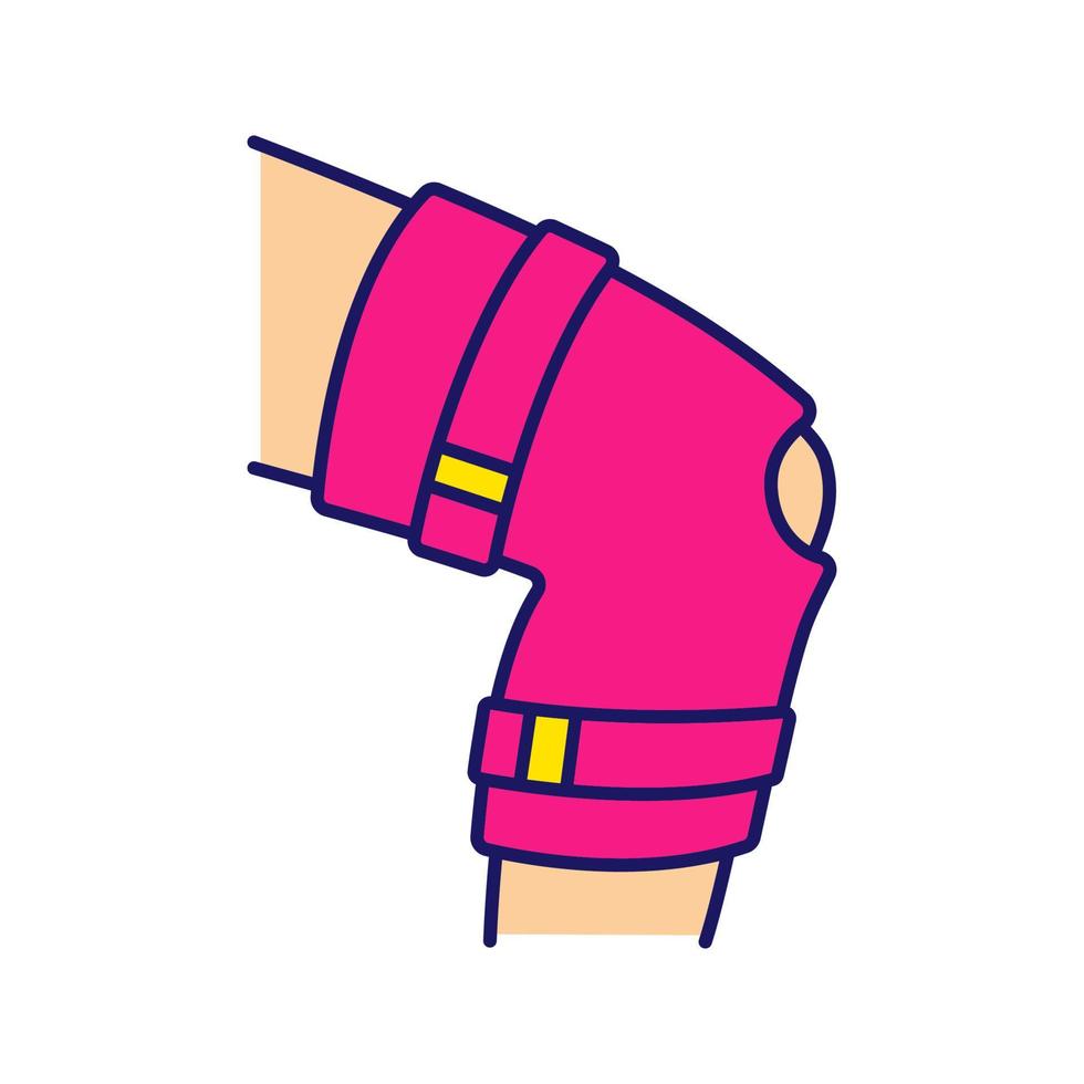 Knee brace color icon. Adjustable leg orthosis. Orthopedic knee joint bandage. Arthritis, muscle sprain treatment, injury recovery, joint pain relief. Isolated vector illustration