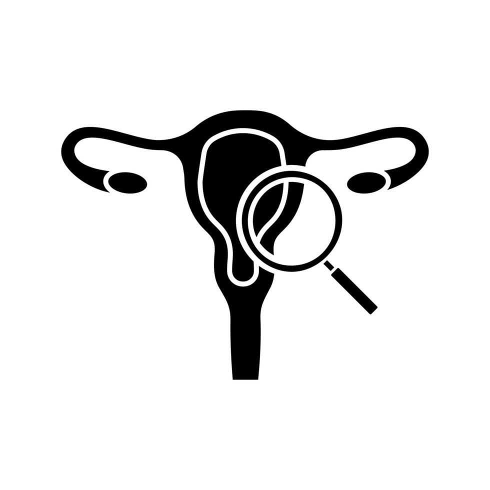 Gynecological exam glyph icon. Female reproductive system examination. Gynecology. Uterus, fallopian tubes, vagina with magnifying glass. Negative space. Vector isolated illustration