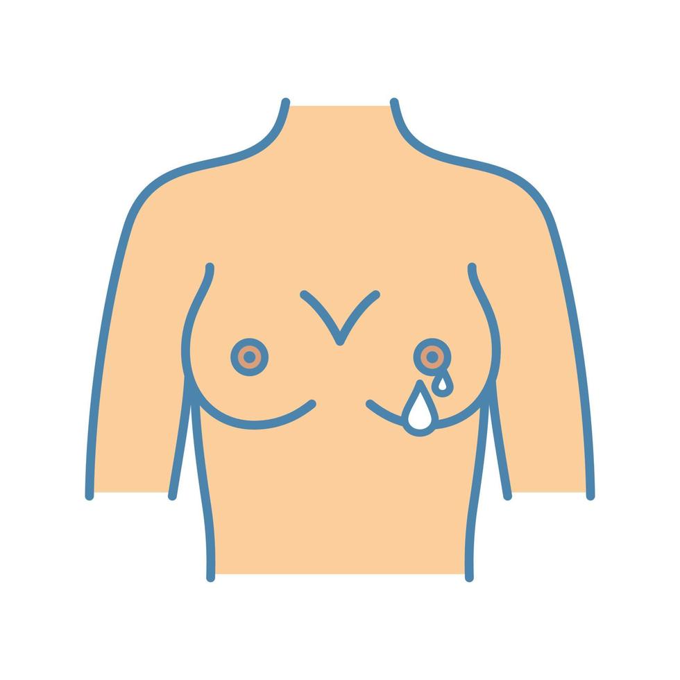 Nipple discharge color icon. Breast bleeding. Mastopathy. Lactation. Breast cancer or pregnancy symptom. Isolated vector illustration