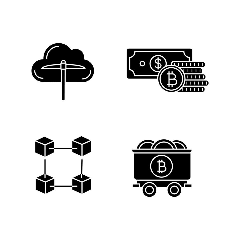 Conjunto de iconos de glifo de criptomoneda bitcoin. minería en la nube, ahorros, blockchain, carrito de mina con monedas bitcoin. símbolos de silueta. vector ilustración aislada