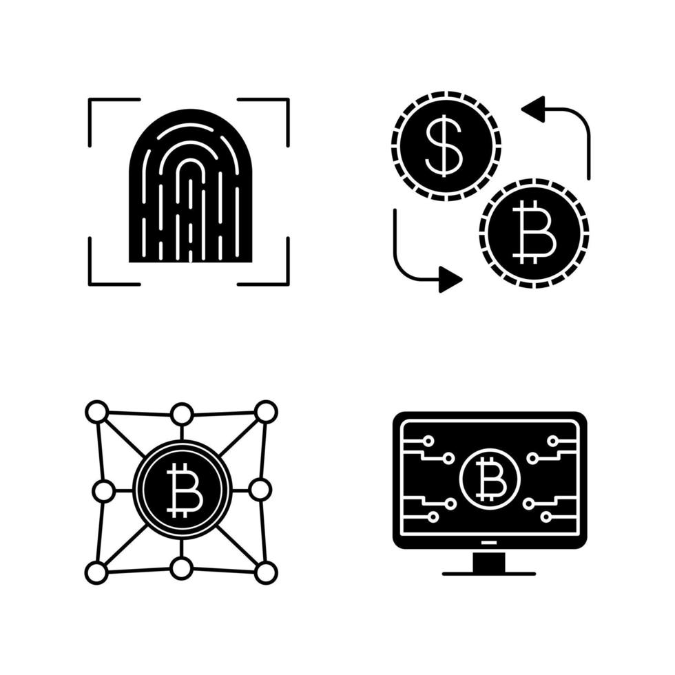 Bitcoin cryptocurrency glyph icons set. Fingerprint scanning, cryptocurrency software, currency exchange, bitcoin network. Silhouette symbols. Vector isolated illustration