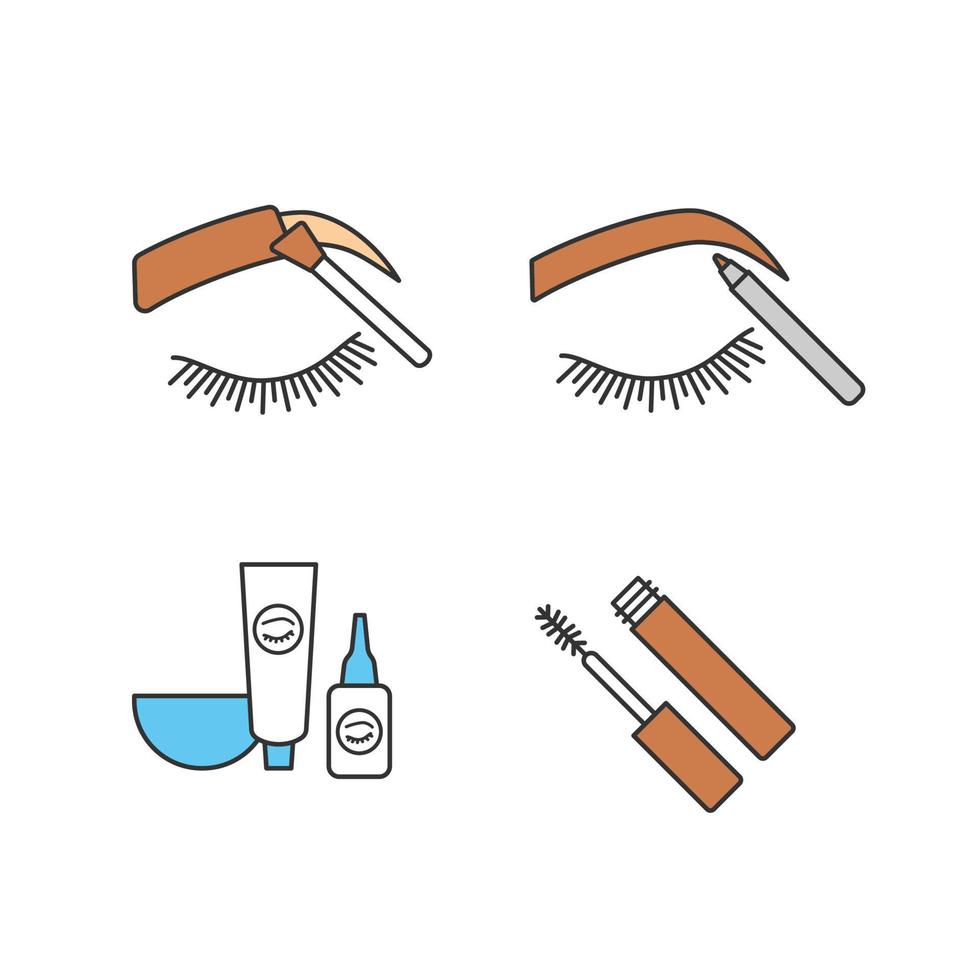 Eyebrows shaping color icons set. Brows tinting and contouring with pencil, eyebrows and eyelash dye kit, mascara. Isolated vector illustrations