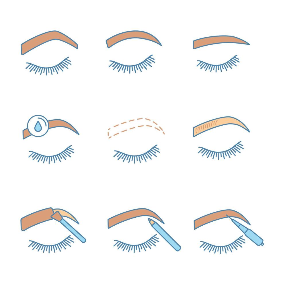 Eyebrows shaping color icons set. Steep arched, rounded, straight brows, makeup removal, microblading, tattooing, eyebrows contouring, tinting with pencil and brush. Isolated vector illustrations