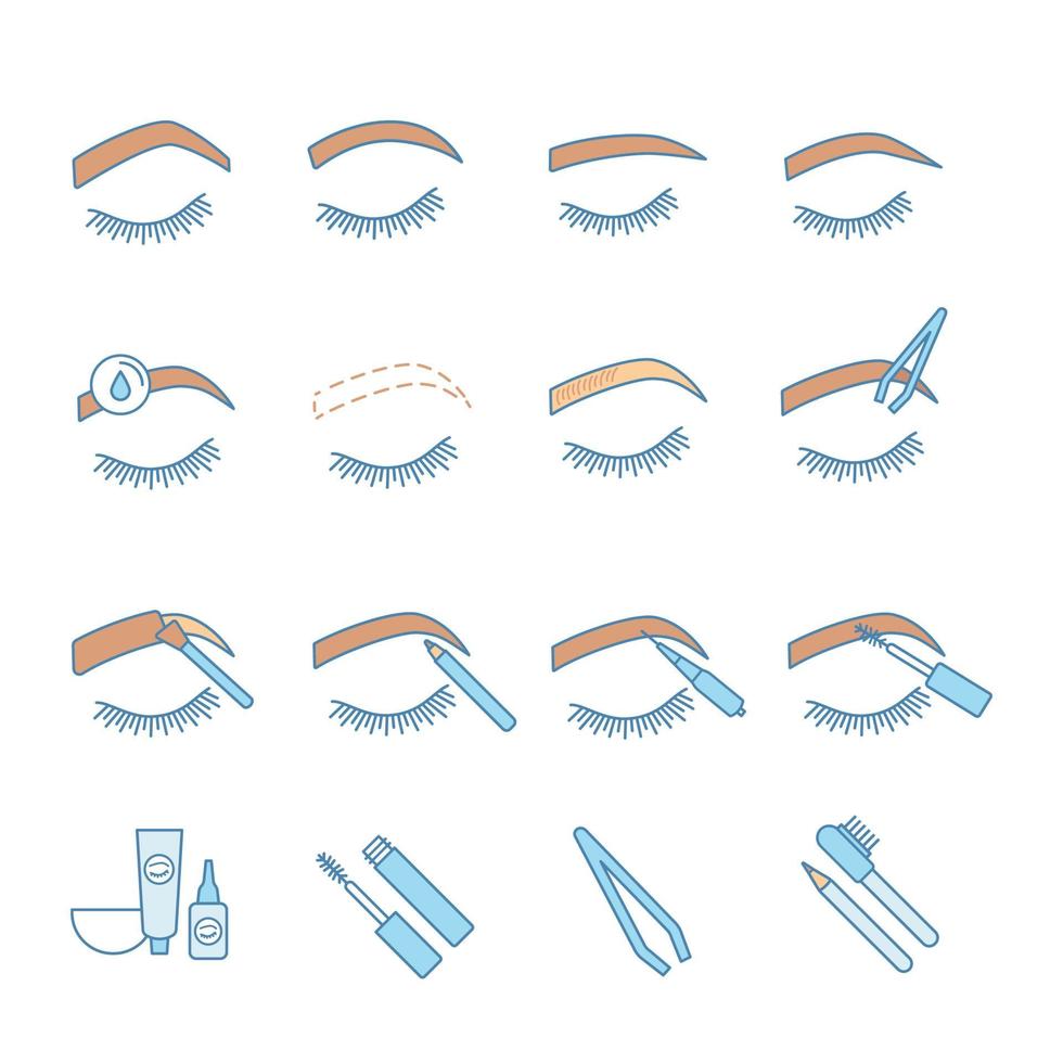 Eyebrows shaping color icons set. Brows microblading and tattoo procedure. Eyebrows permanent makeup. Brows tinting. Isolated vector illustrations