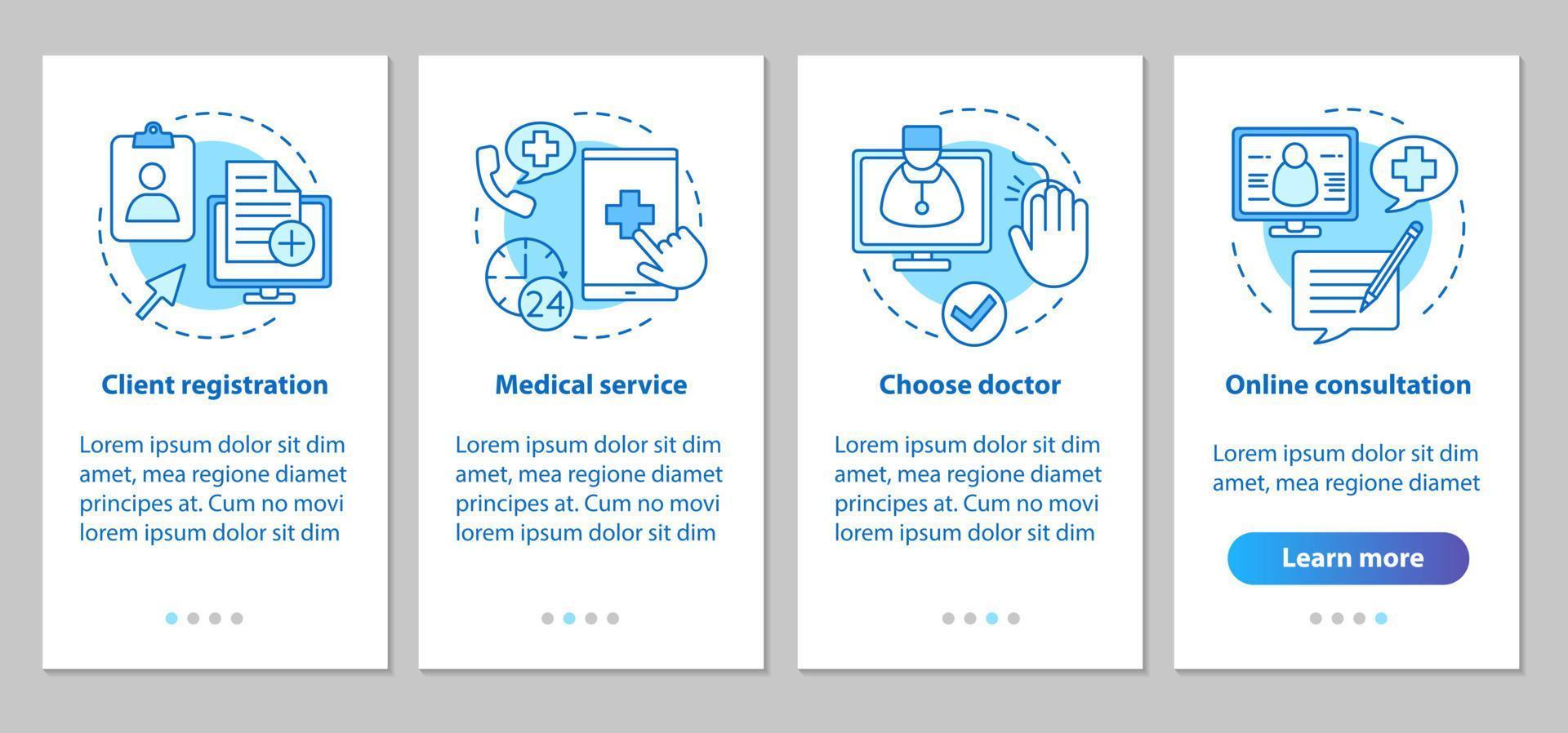 Medical service onboarding mobile app page screen with linear concepts. Doctor online consultations steps graphic instructions. Medical appointment. UX, UI, GUI vector template with illustrations