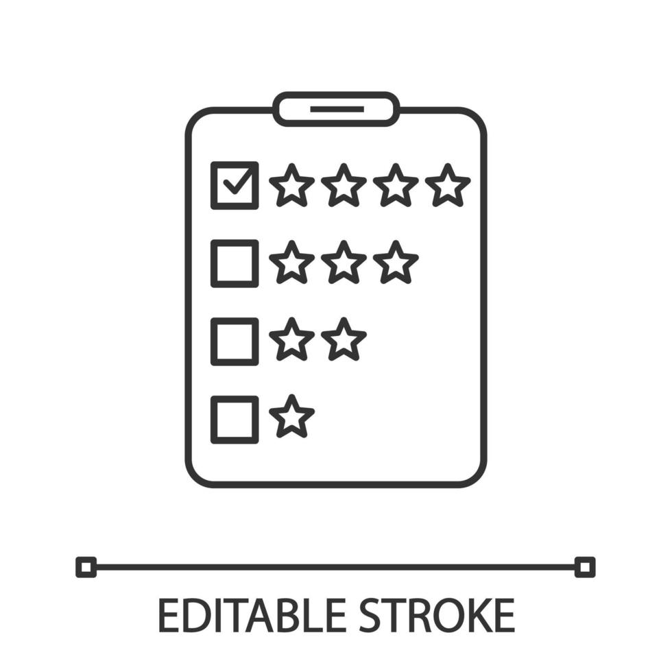 Rating survey linear icon. Ranking research questions. Thin line illustration. Customer feedback and reviews. Contour symbol. Vector isolated outline drawing. Editable stroke