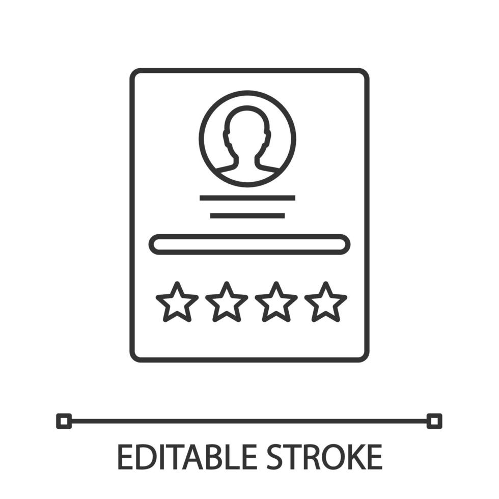 Customer review linear icon. User profile, resume rating. Thin line illustration. Feedback. Seller rating. Contour symbol. Vector isolated outline drawing. Editable stroke