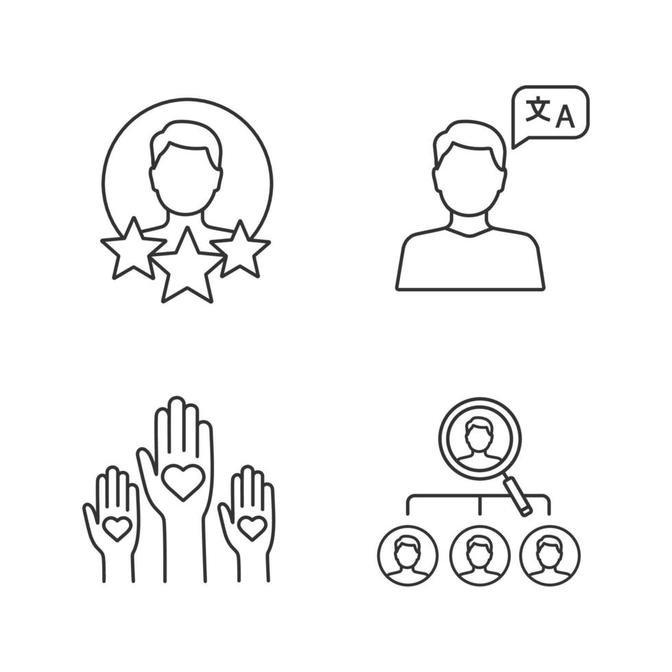 Resume linear icons set. Professional experience, language skill, volunteering, headhunting. Thin line contour symbols. Isolated vector outline illustrations. Editable stroke