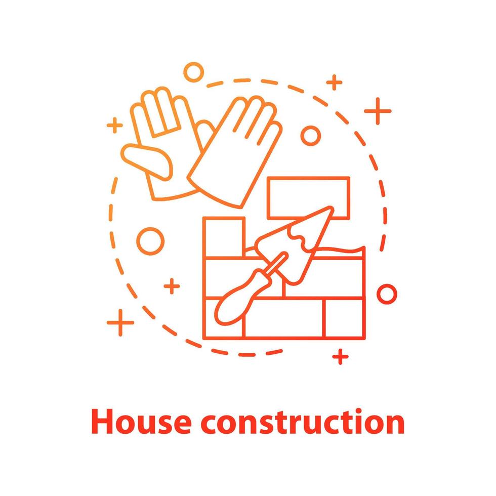 icono de concepto de construcción de casa. Ilustración de línea fina de idea de proceso de construcción. pared de ladrillos con pala triangular y guantes. dibujo de contorno aislado vectorial vector