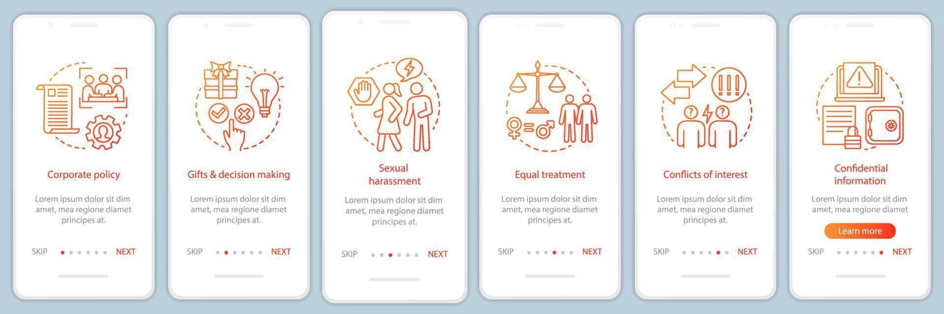 Business ethics onboarding mobile app page screen vector template. Corporate social responsibility. CSR walkthrough website steps. Corporate principles. UX, UI, GUI smartphone interface concept