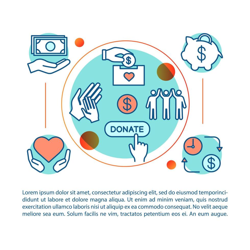 Charity concept illustration. Sponsorship. Fundraising and donation. Charitable foundation. Article, brochure, magazine page. Thin line icons with text boxes. Print design. Vector outline drawing