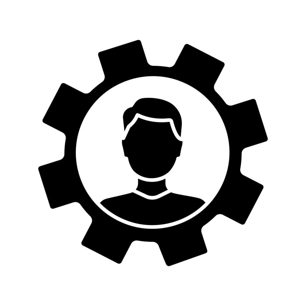 Professional skills glyph icon. Employability skills. Personal development. Self improvement. Cogwheel with person inside. Productivity. Silhouette symbol. Negative space. Vector isolated illustration