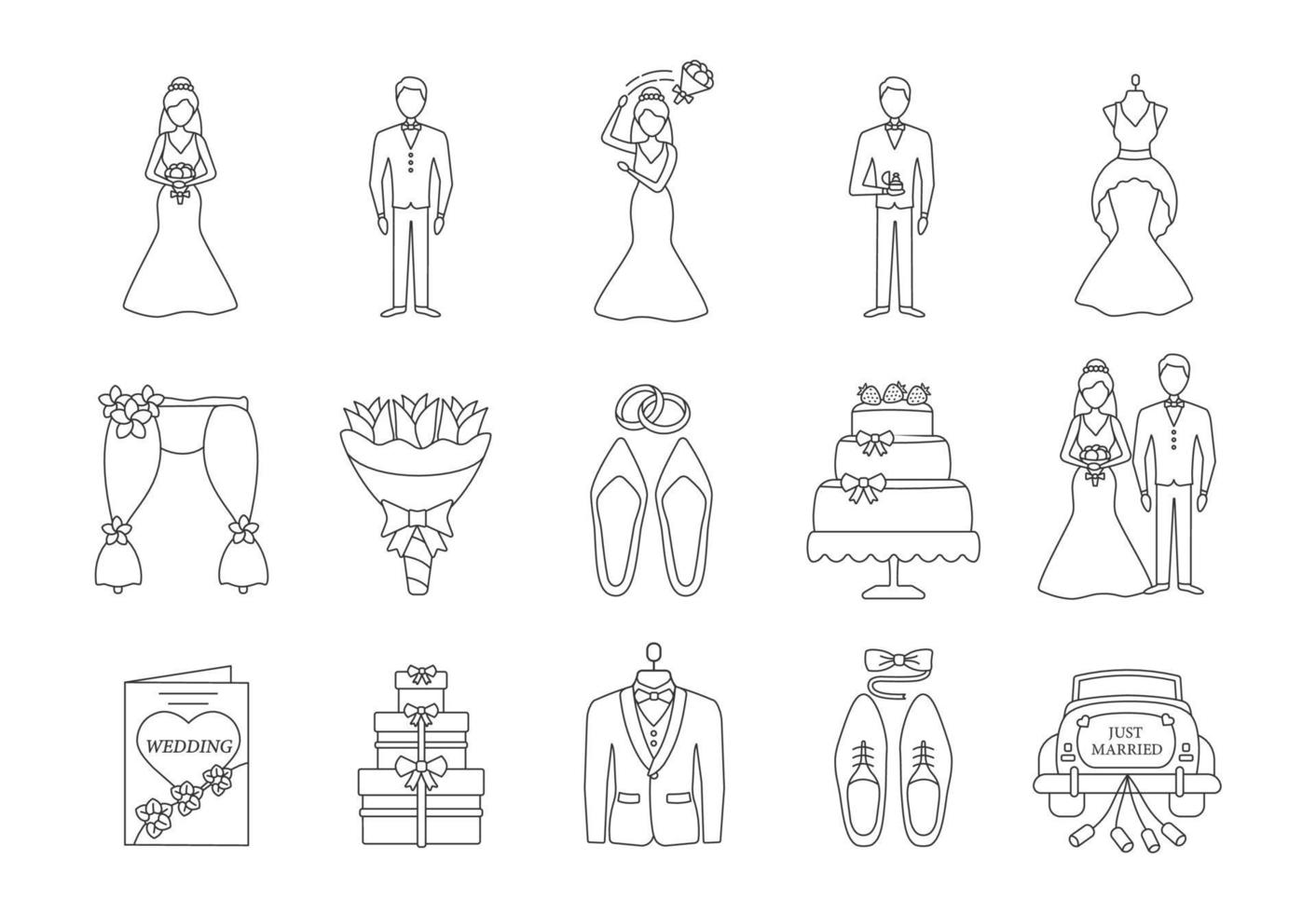 Wedding planning linear icons set. Bridal dress, accessories, car, bouquets. Wedding agency services. Engagement. Thin line contour symbols. Isolated vector outline illustrations. Editable stroke