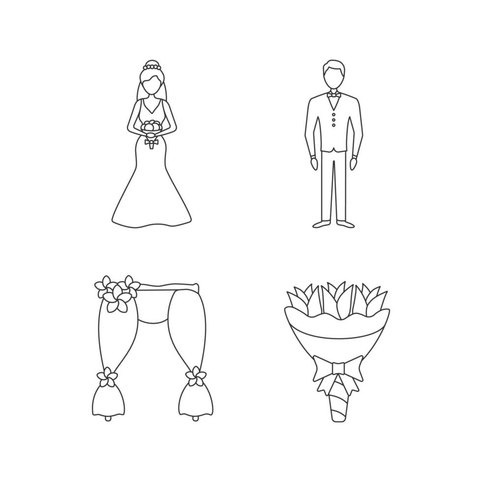 Wedding planning linear icons set. Bride and bridegroom, wedding floral arch, bouquet. Thin line contour symbols. Isolated vector outline illustrations. Editable stroke